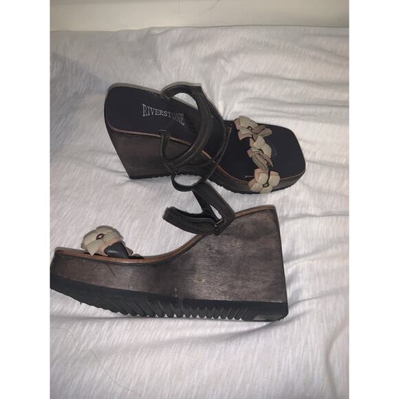 Vintage 90s Y2K Floral Wooden Chunky Platform Wedge Sandals Shoes Women’s Size 6 - Picture 3 of 7